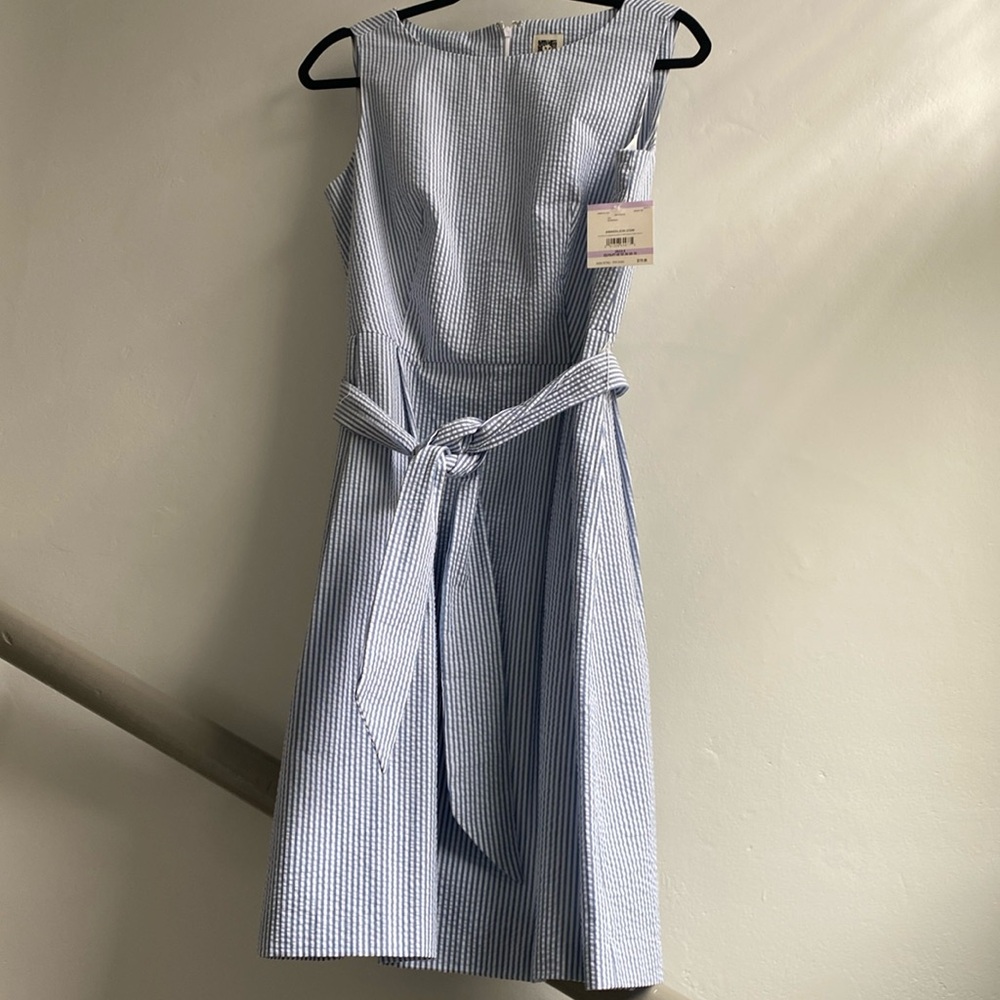 Anne Klein blue/white pinstripe poplin dress with tie. Size 6